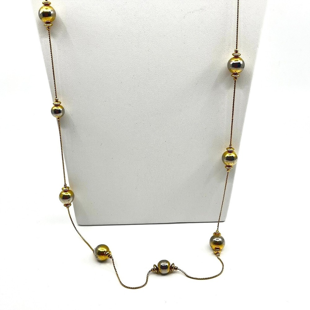 Vintage Napier Y2K Gold Tone Dual Silver Tone Accent Bead Station Long Necklace
